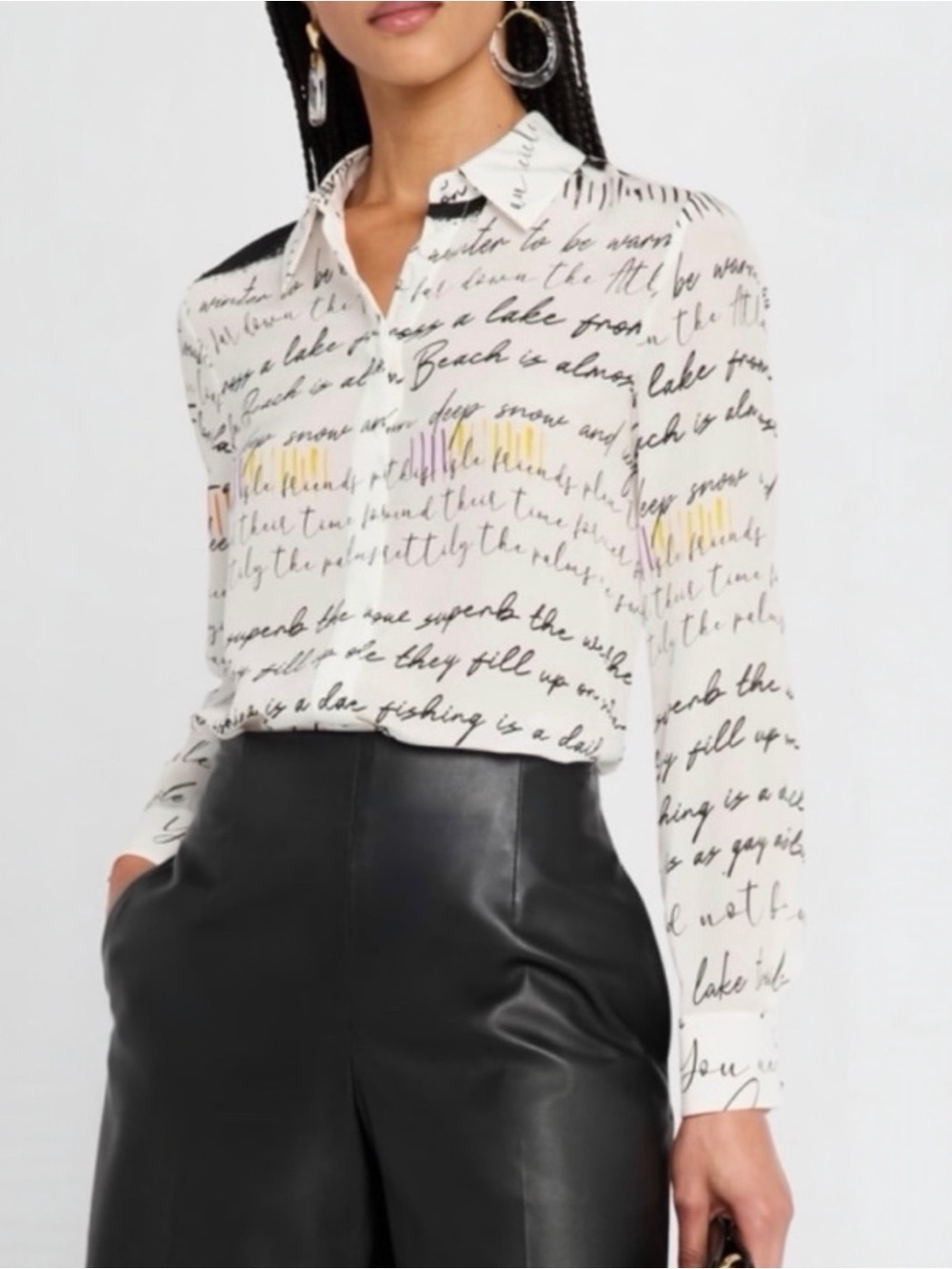 Alice + Olivia Rhythm Willa Silk Placket Top Script Print Button Down Blouse